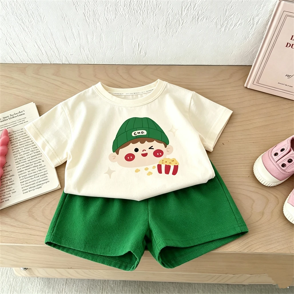 Fashion Casual Costume For Boys Round Neck T-shirt Solid Color Versatile Shorts 2Piece Set Summer New Print Tees Tracksuits