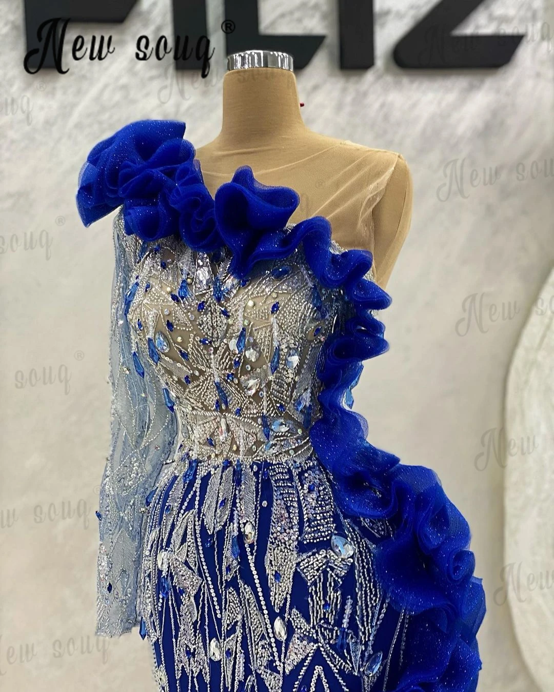 Sparkly Silver Beaded Royal Blue Evening Dress With Side Ruffles Elegant Single Sleeve Mermaid Wedding Party Gowns Vestido De