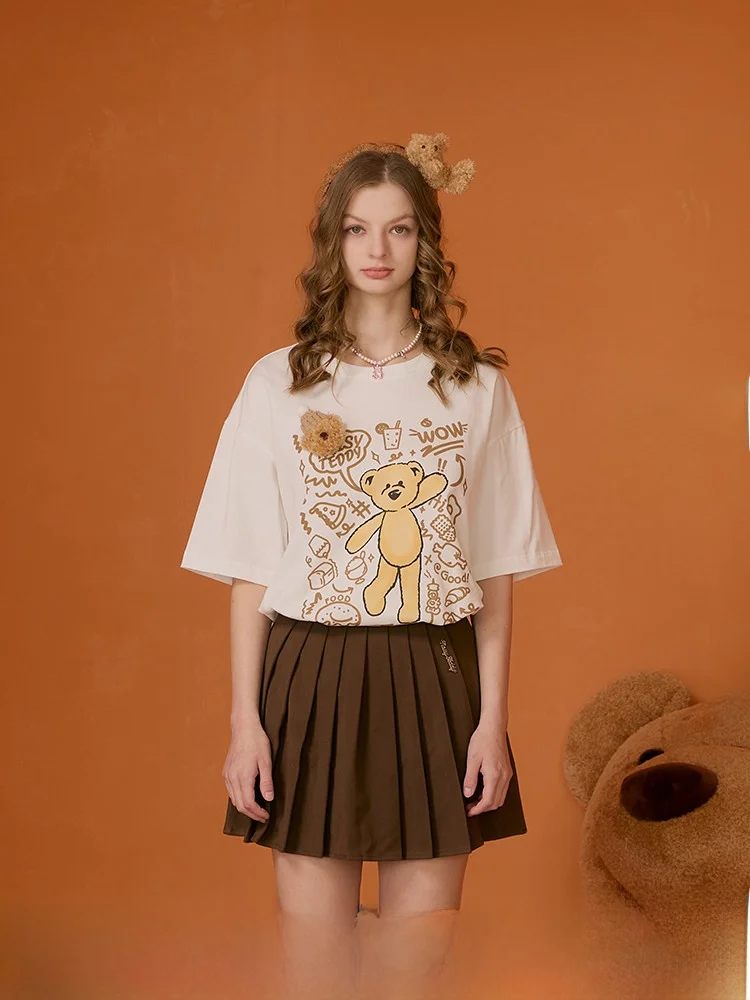 

Женская футболка Teddy25 Summer New Fashion с милым принтом медведя, повседневная, удобная, из хлопка, с круглым вырезом