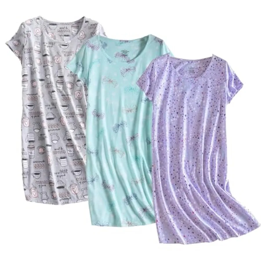 

Inadays 3 Pack Women's Cotton Nightgown Sleepwear Short Sleeves Nightshirt Fun Print Sleepdress Loose Comfy Sleepshirts