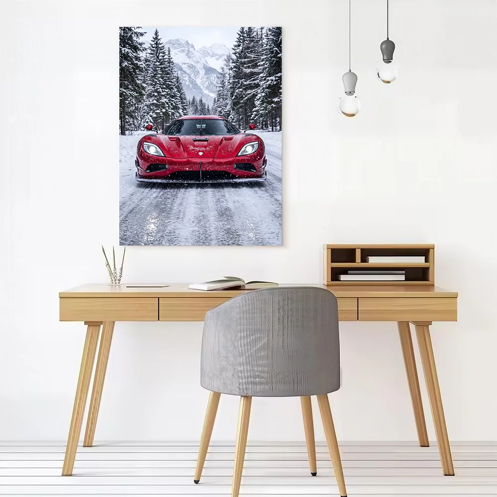Red Supercar Agera Rs in Snowy Forest Printed Canvas Wall Art Customizable Paintings Poster Perfect Gift for Room Decorations