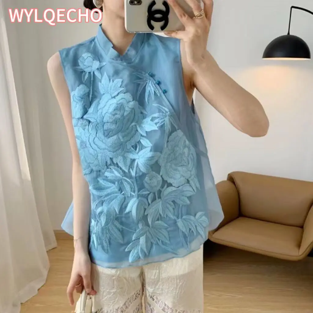 

2024 spring summer new chinese heavy industry embroidery sleeveless shirt female embroidery button top vest lady tangsuits vest