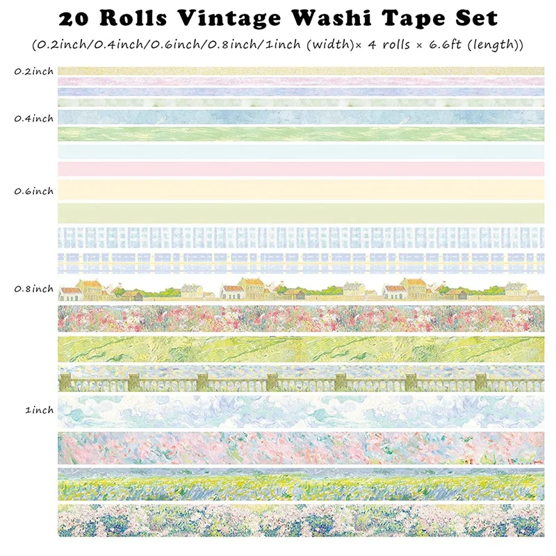 20Pcs Retro Washi Tape Set Masking Tape Stationery Journal Supplies Grid Scrapbooking Decorative Adhesive Tape