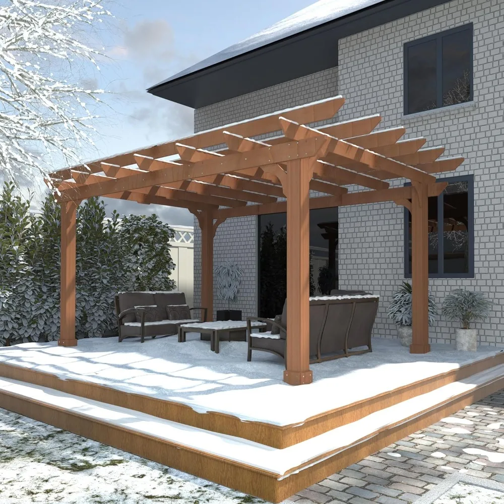 

10x12 FT Wooden Pergola, Cedar Wood Gazebo with Flat Roof, Outdoor Garden Shelter with Stakes Included, Patio, Deck, Backyard,