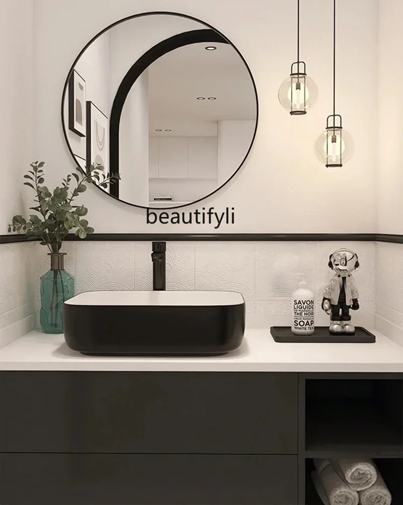 

Simple Modern Bathroom Combination Black Table Basin Wash Basin Stone Plate Washstand Bathroom Cabinet