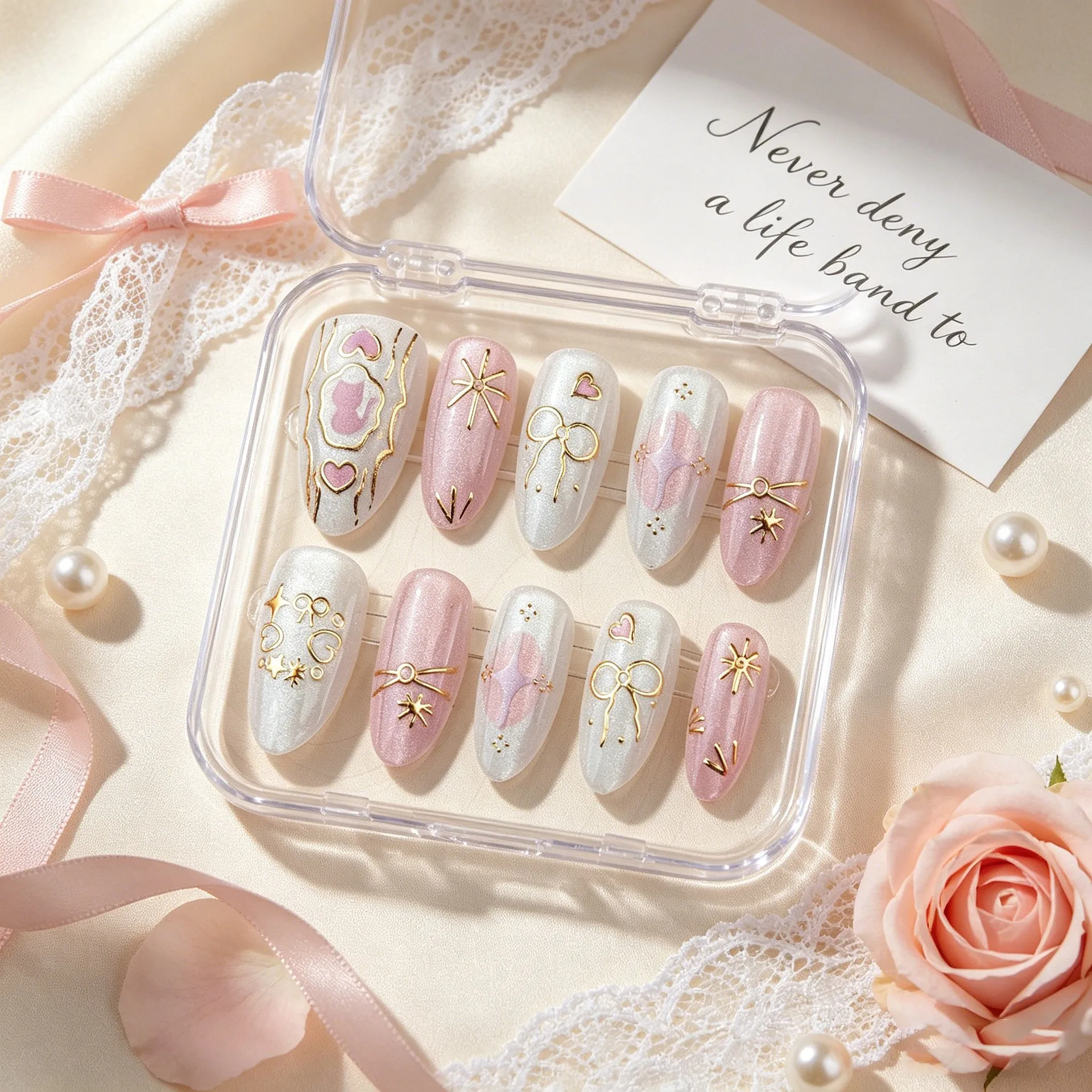 30Pcs Almond Press On Nails 3D Embossed Gold Foil Cat Eye Hand Painted Cat Heart Elegant French Premium Reusable False Nail Tips