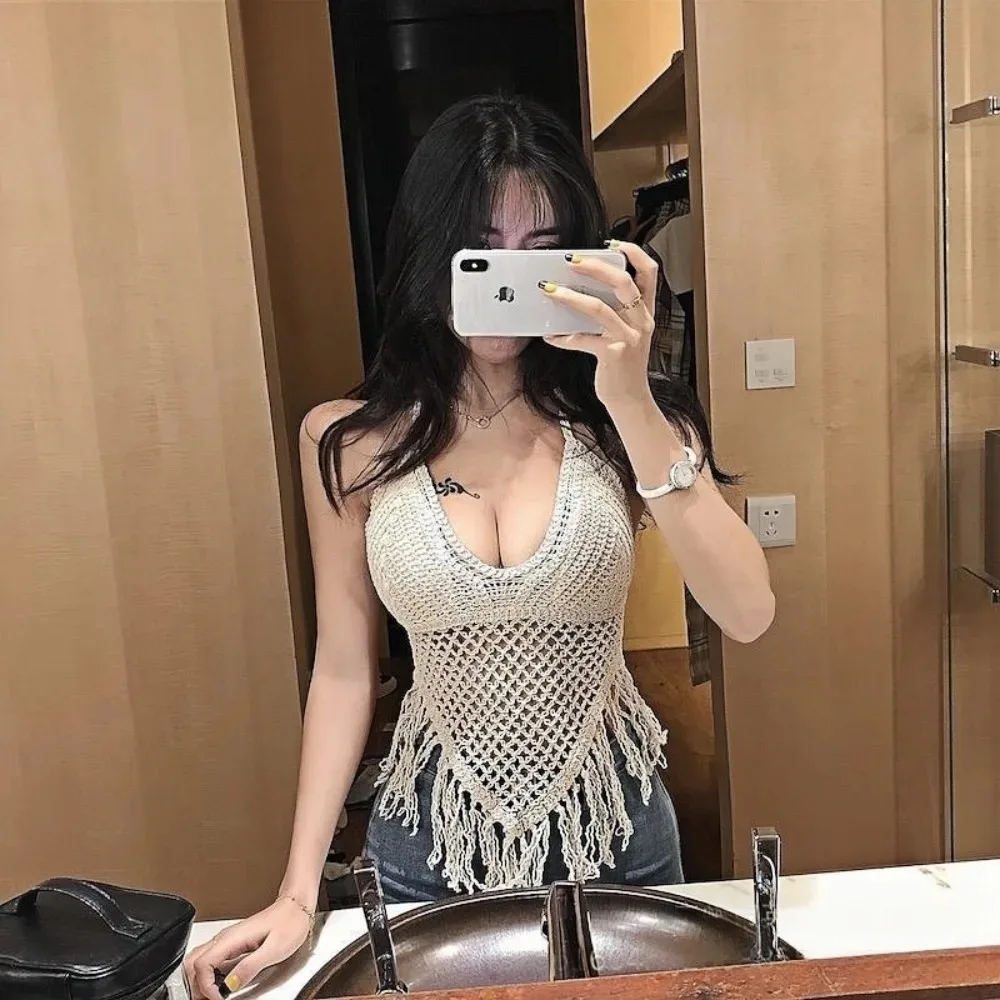 Women Boho Y2k Top Fringe Backless Halter Tie Neck Underwear Outerwear Neck Hanging Embroidery Tassel Suspender Vest Short Tank