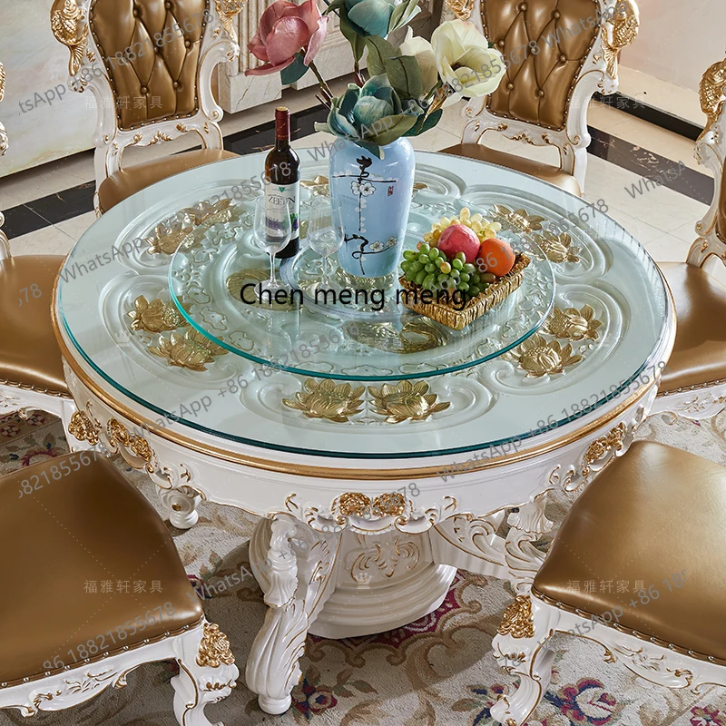 European Villa Round Dining Table French Restaurant Atmospheric Dining Full Solid Wood Carved Gold Foil 1.5 meters