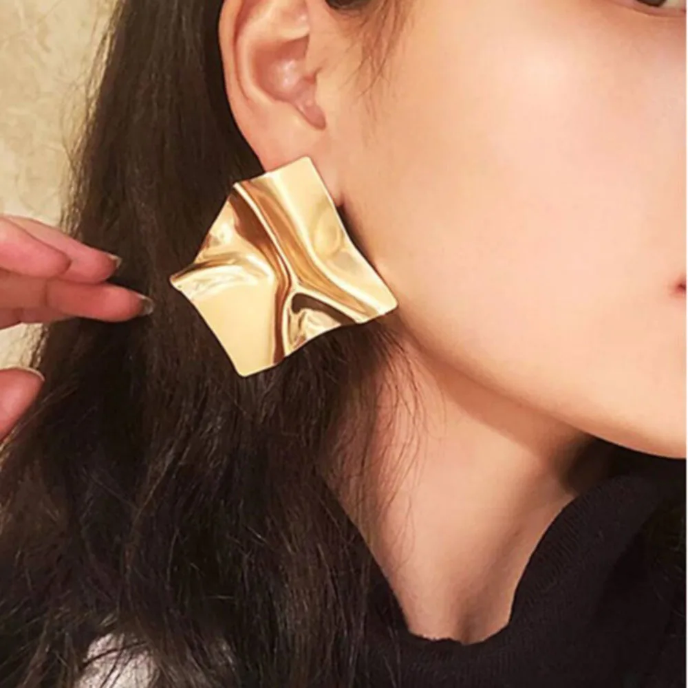 Stainless Steel Wrinkled Irregular Square Stud Earrings Gold Tone Abstract Geometric Ear Jewelry for Women