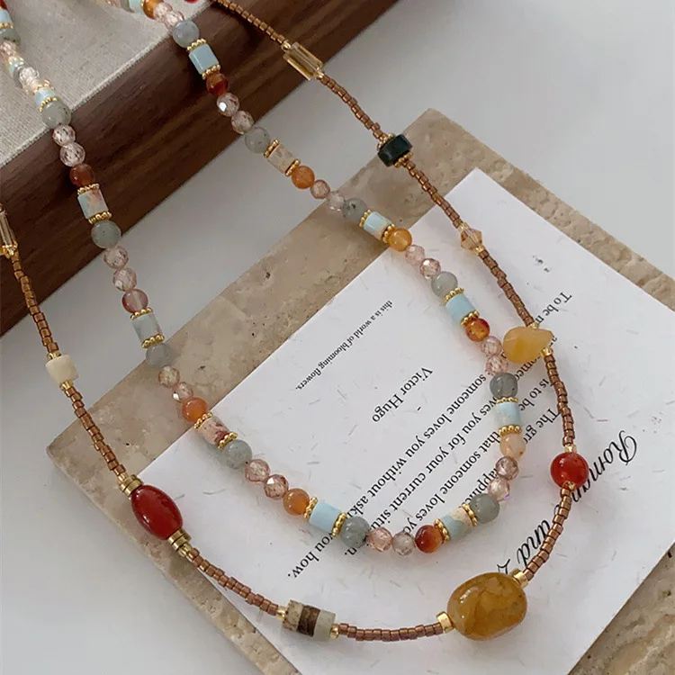 

Ethnic Style Natural Stone Beaded Necklace, Retro Personalized Collarbone Chain for Women