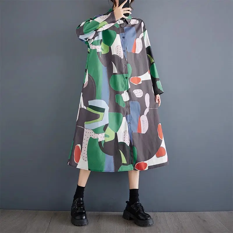 Populaire Vrouwen Shirt Jurk 2024 Lente Herfst Koreaanse Editie Losse Oversized Mode Print Middellange Artistieke Retro Jurk K2748