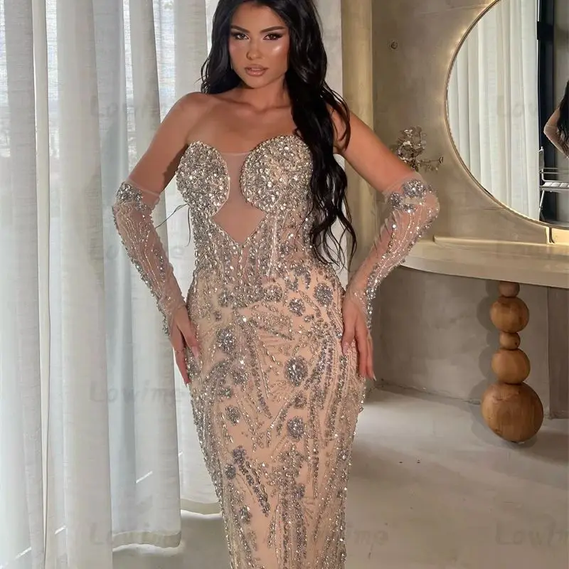 Sparkly Crystals Mermaid Party Dress Champagne Long Prom Dresses Customized 2025 Aso Ebi Engagement Evening Gowns With Gloves