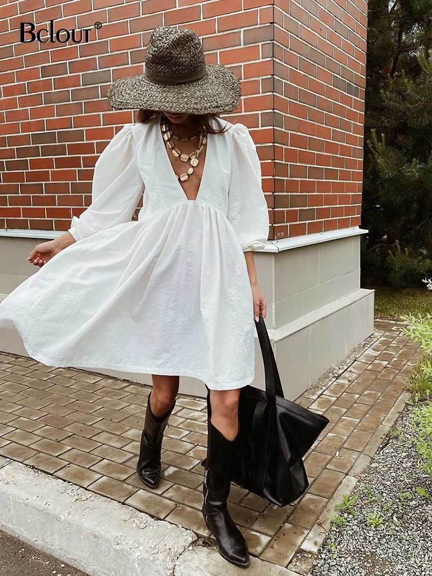 Bclout Summer Cotton White Dress Woman 2022 Casual V Neck Puff Sleeve A-Line Sexy Mini Dresses Fashion Black Party Dresses Women