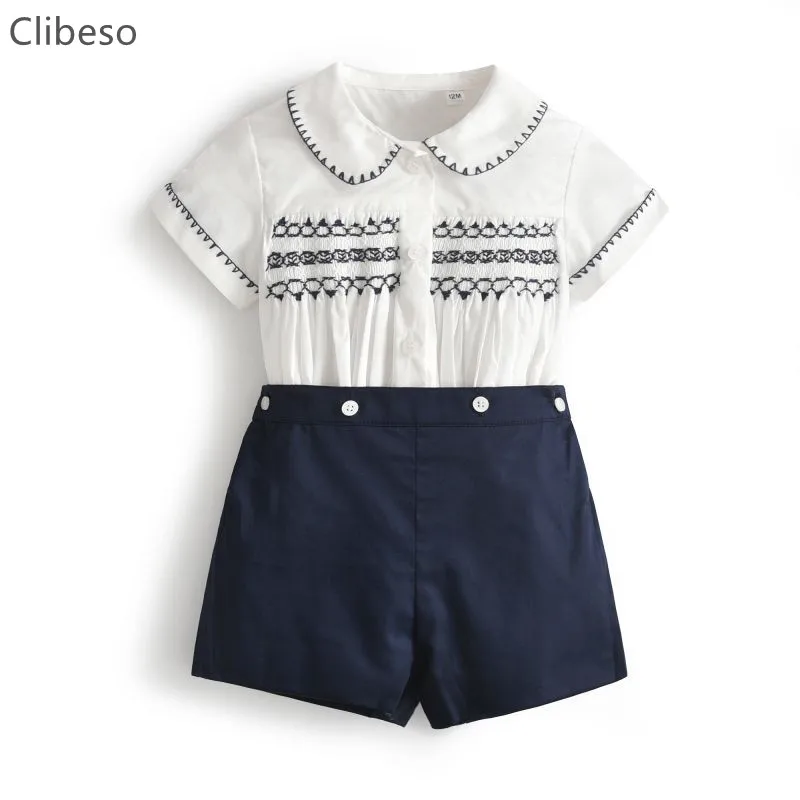 

Baby Boy Clothing Sets Infants Newborn Hand Made Smocked Clothes Kids Shorts Sleeve Tops Shorts Summer Children British Outfits