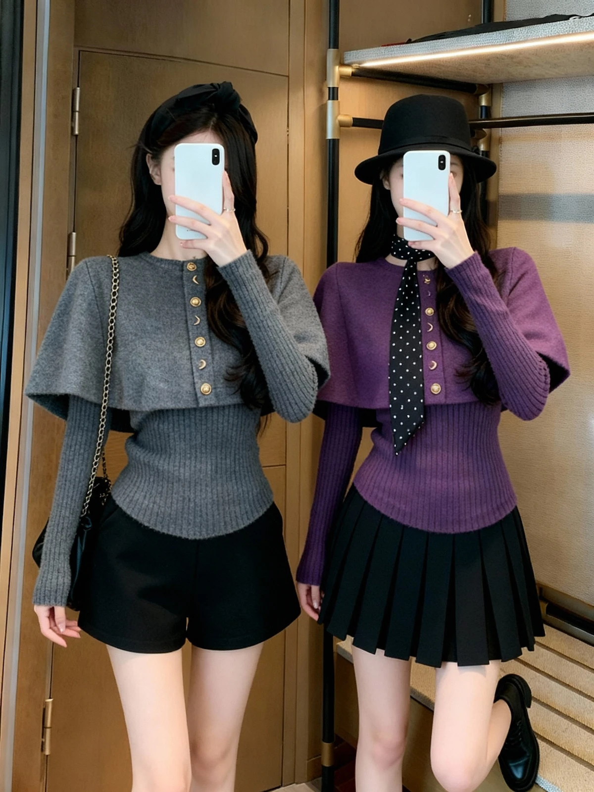

Knitted Long Sleeve Cowl Neck Coat Jacket Women's Autumn Winter Inner Wear Two-Piece Set Elegant Chic Style