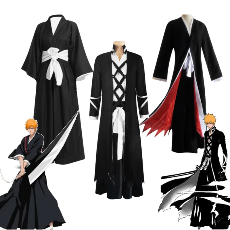 

Ichigo Kurosaki Mugetsu Cosplay Costume Black Shihakusho Torn Long Coat Red Inner Lining Full Set For Men Halloween Stage