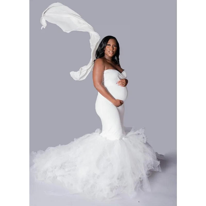 Abito premaman a sirena in tulle - Abito da servizio fotografico aderente senza spalline per baby shower e fotografia di gravidanza vestido maternidad