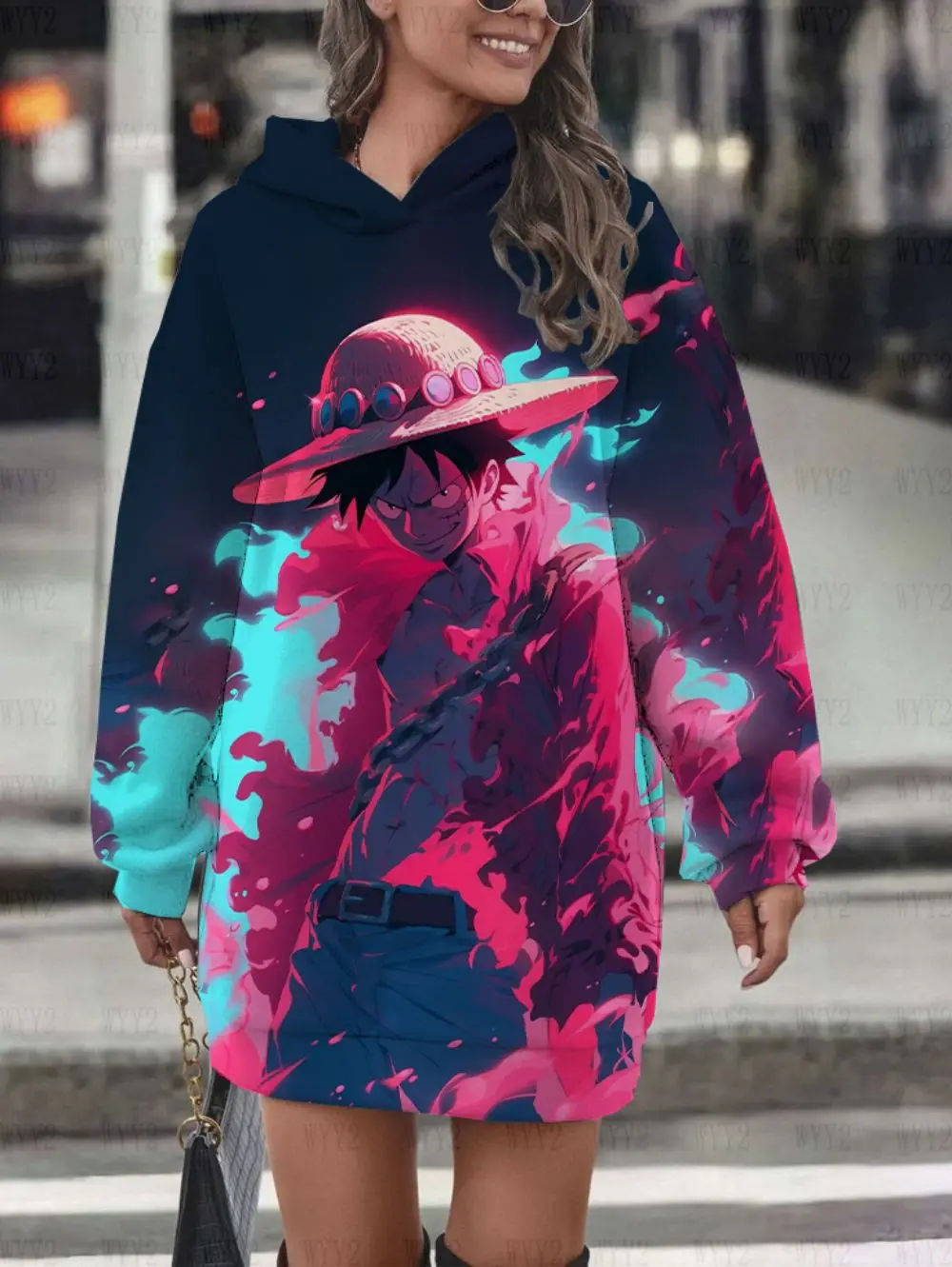 Luffy One Piece print contrast color warm long-sleeved hoodie hot-selling casual comfortable age-reducing women's clothing