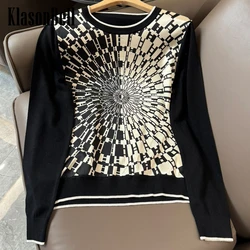 4.14 KlasonBell Letter Print Simple New Silk Spliced Knitwear For Women Black O-NecK Full Sleeve Pullover Jumpers