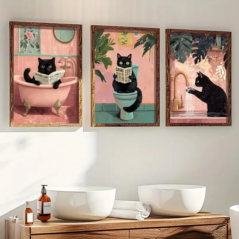 Engraçado gato preto banheiro lona cartaz do banheiro do vintage animal toalete arte da parede impressão moderna sala de estar banheiro decoração casa