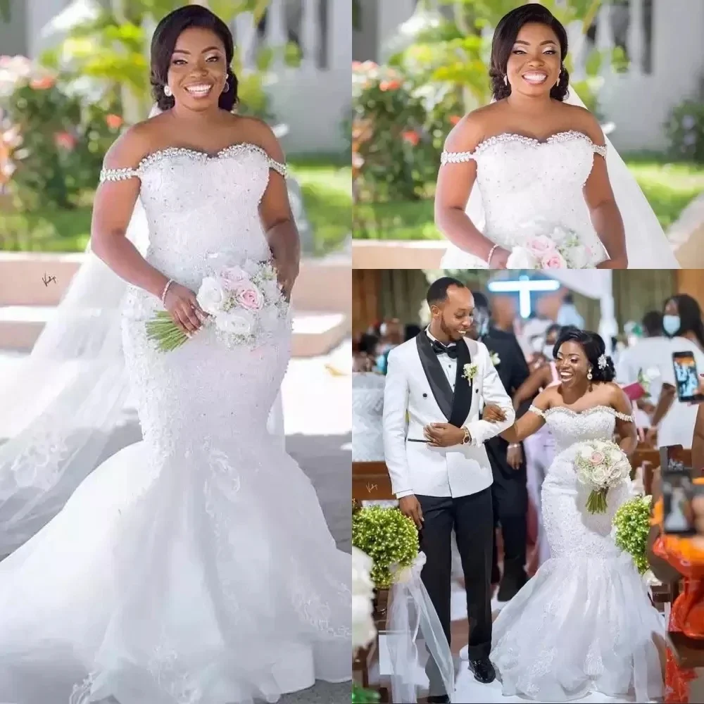 Vestidos de casamento de sereia de renda personalizados plus size apliques árabes cristais frisados vestidos de noiva fora do ombro vestido marraige