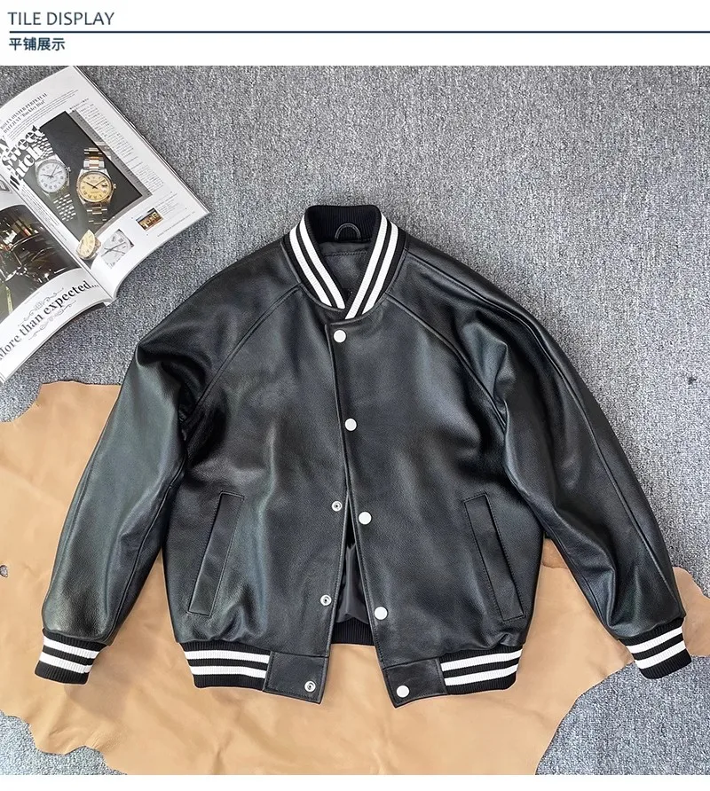 American Loose Genuine Leather Jacket Men's Casual Leather Outwear Raglan Sleeve Baseball Uniform First Layer Cowhide Jacket Heavy Genuine Leather Jacket