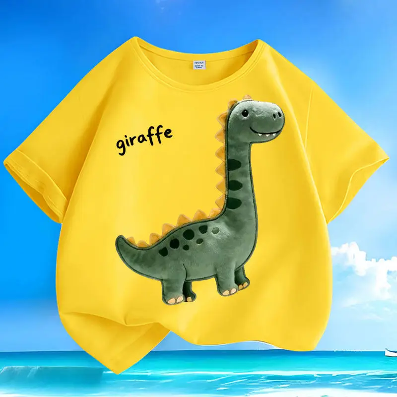 Cotton Summer New Cartoon Super Cute Dinosaur Short Sleeved Children's Round Neck Loose T-shirt Casual Parent-child Top Trend