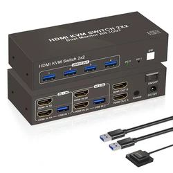 Dual Monitor HDMI KVM Switch 2x2 4K 60Hz HDMI Displayport USB KVM Switch Extended Display with USB 3.0 for 2 PC Share 2 Monitor