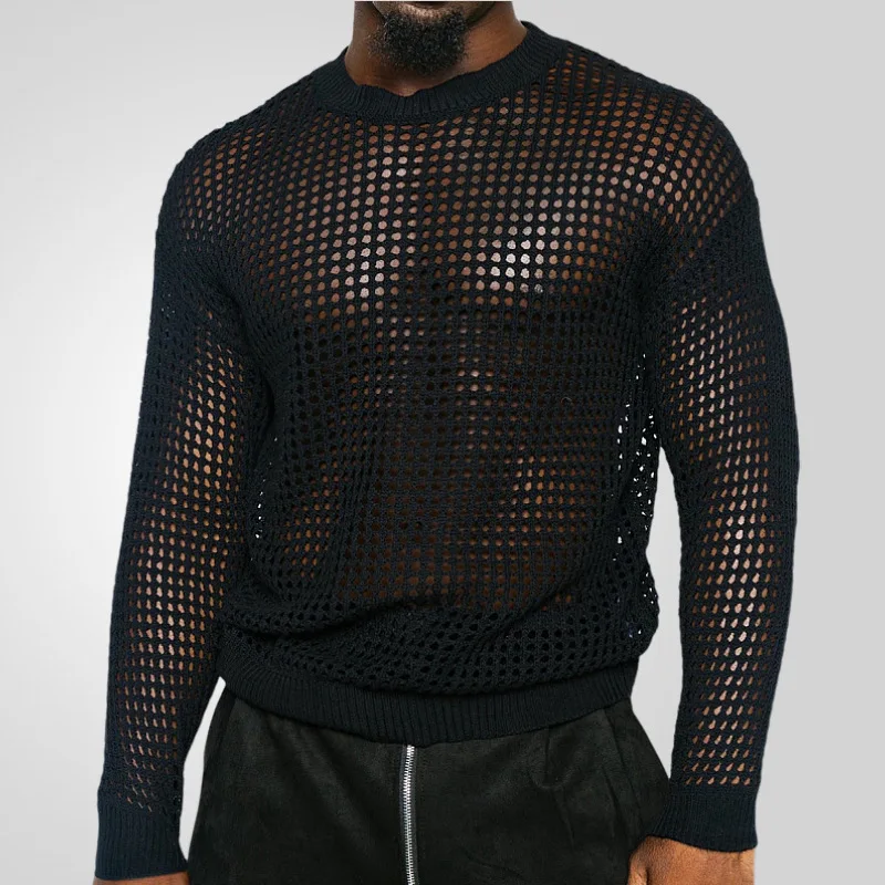 

Сексуальный вязаный свитер с вырезами для мужчин, свободный крой, длинный рукав, круглый вырез, модный городской стиль, весенне-осенняя одежда