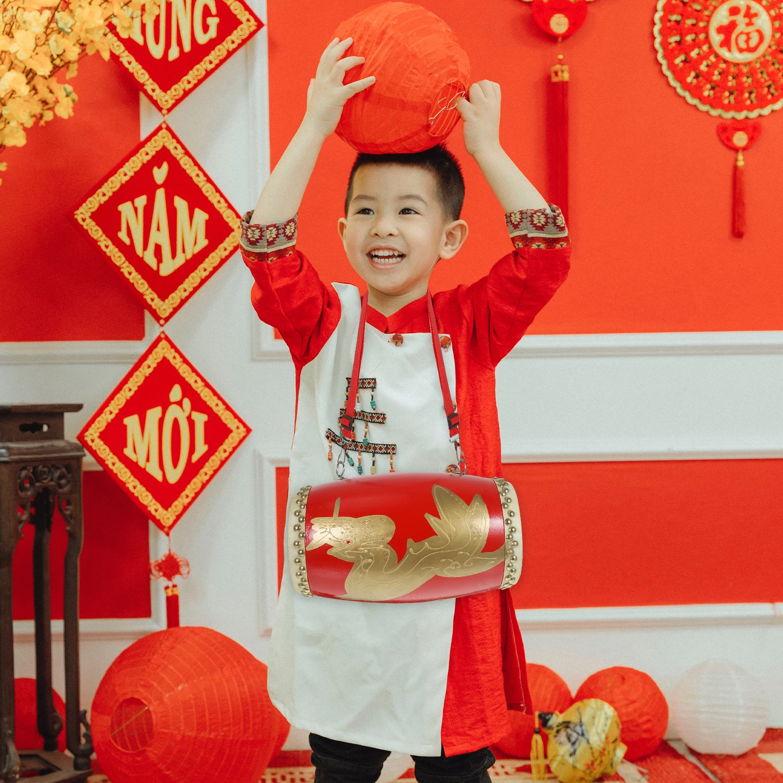 

11CM Dragon Cowhide Waist Drum for Children Students Dragon Pattern Waist Drum Adjustable Strap Chinese Percussion Instrument