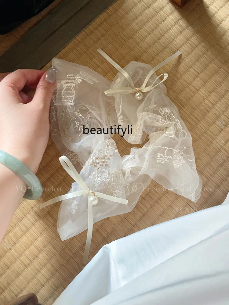 Organza Handmade Embroidery Bow Tulle Hair Ring Chinese High Sense Headdress Flower Hair Rope Head Accessories