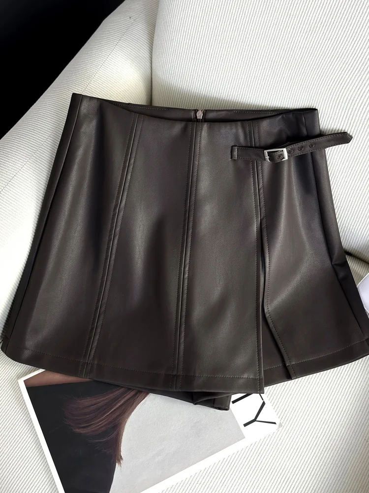 Caramel PU-leer Hoge taille Afslanken f Rok Broek Dames Herfst Winter Nieuwe Sle Geïntegreerd Eiwitleer orts