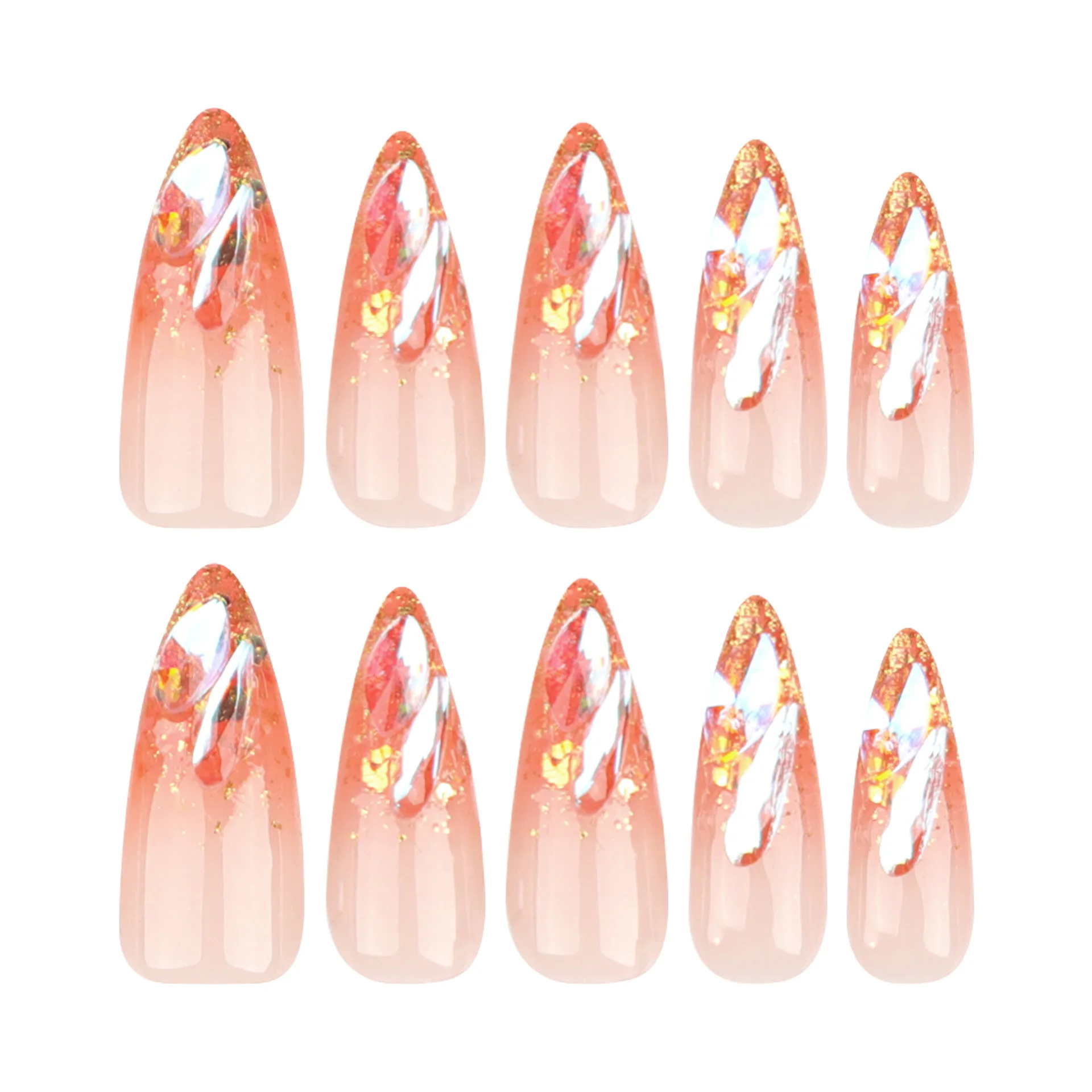 Unhas Postiças Brilhantes com Pó De Brilho De Ouro, Unhas Falsas Gradiente, Mulheres Vestíveis, Amêndoa Cobertura Completa, Pressione nas Unhas, 24Pcs