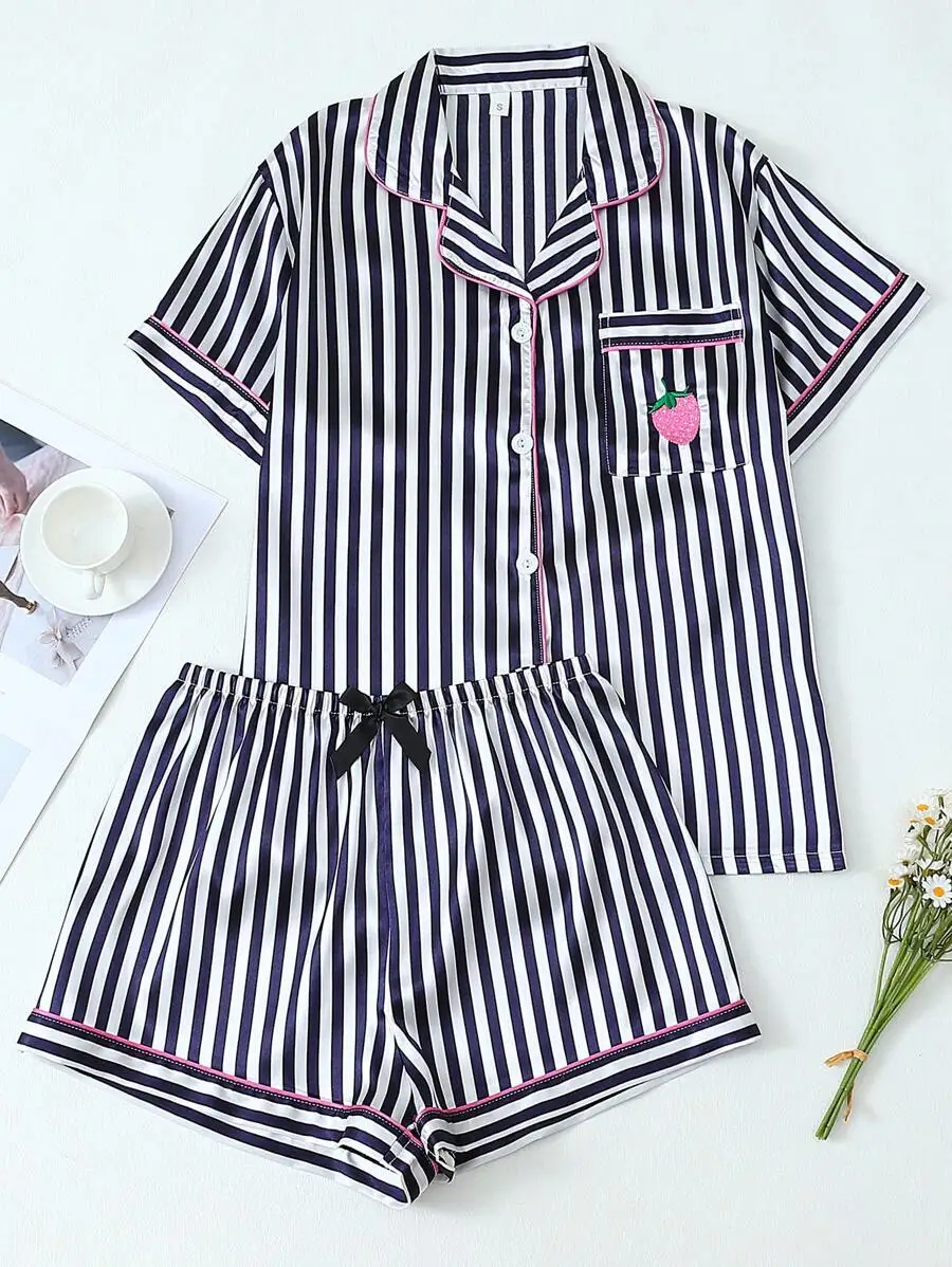 

Satin Pajama Set Women Striped Short Sleeve Collared Top With Strawberry Embroidery Pocket Bow Shorts