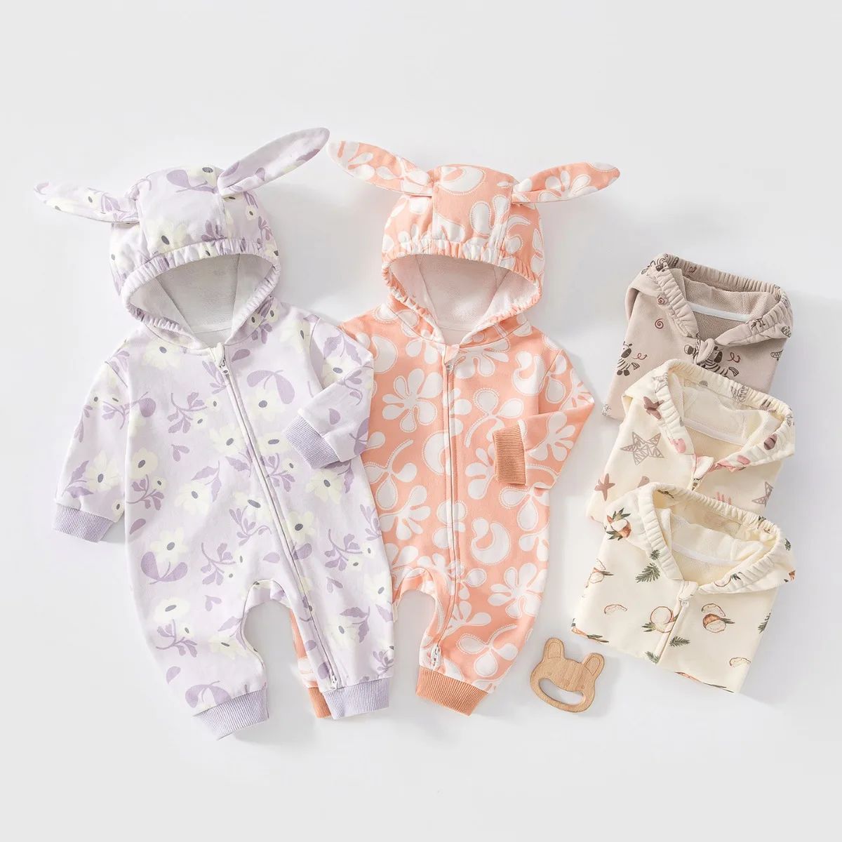Cute Bunny Ear Hooded Baby Romper Cotton Blend Long Sleeve Side Zipper Onesie Newborn Infant Spring Autumn Clothes Unisex 0-18M