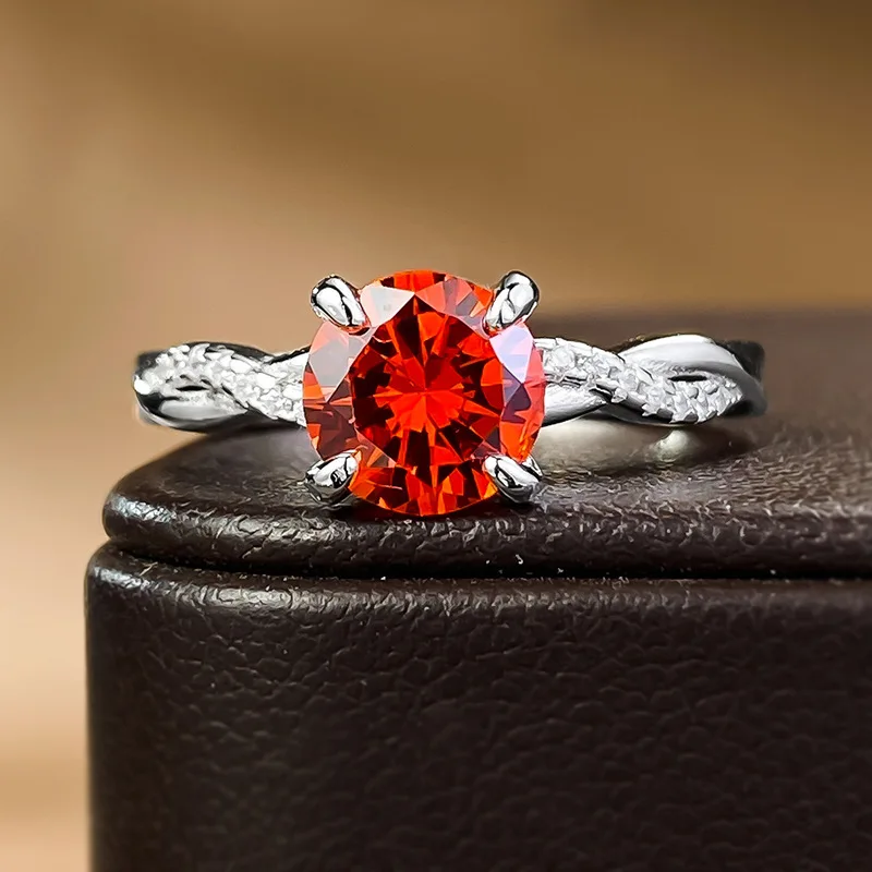 European and American Fashion Versatile S925 Silver Simulated Diamond 7.0mm Round Fanta Orange Ring Women's Ring