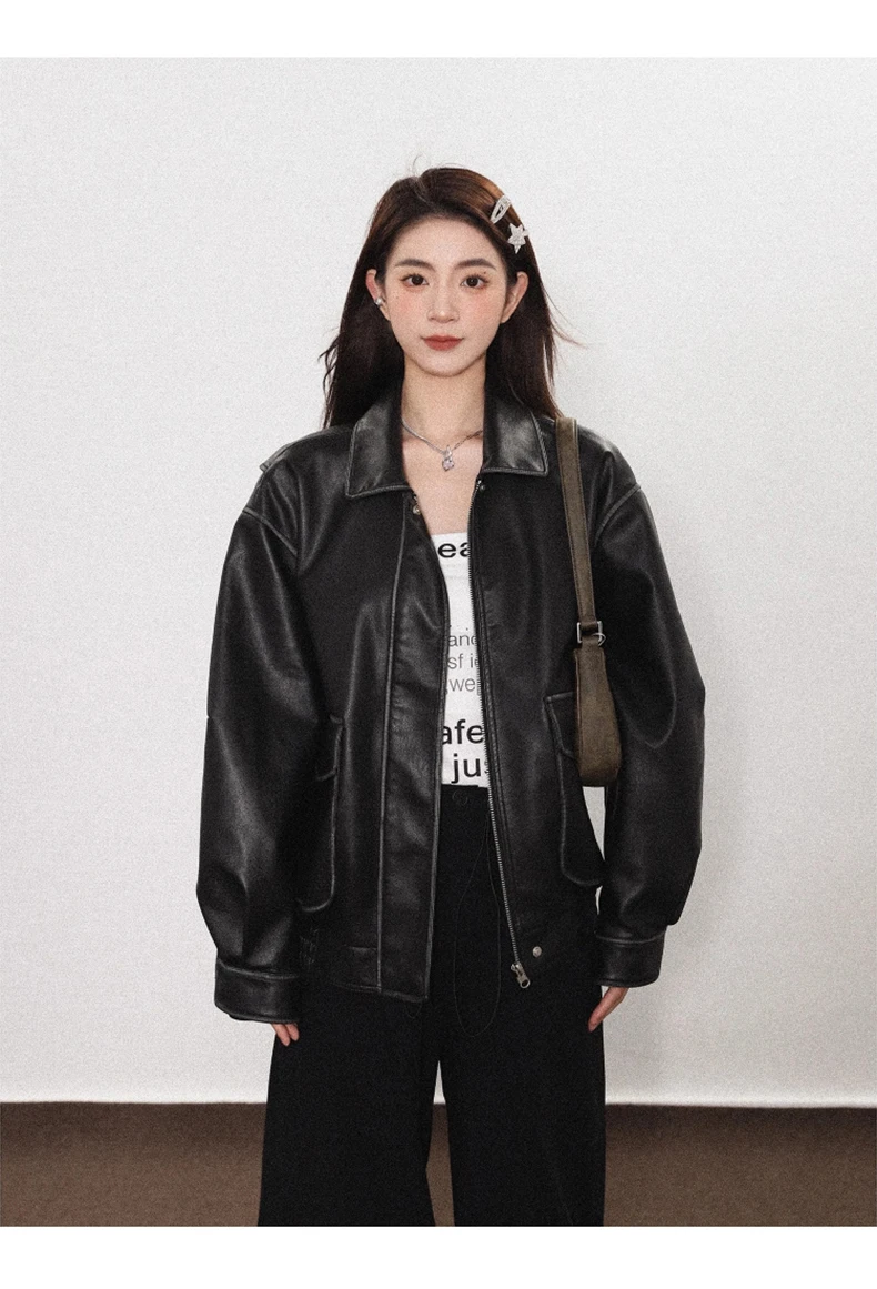 Lautaro Spring Autumn Cool Handsome Soft Vintage Distressed Brown Pu Leather Jacket Women Long Sleeve Luxury Designer Clothing