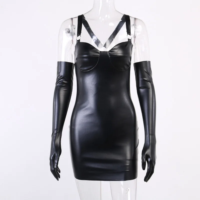 Women Dark Zentai Gothic Cosplay Clothes Sexy Leather Jumpsuit Skirt Bustier Halter Tight Dress Outfits Female Role Play Costume