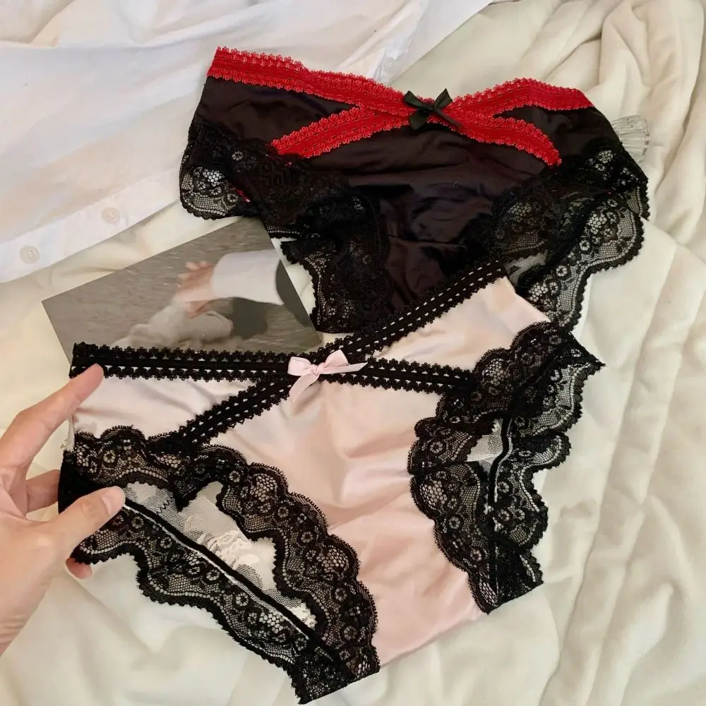 Cute Low Waist Lace Briefs Underwear Mesh Ice Silk Panties French Style Lingerie Satin Silk Briefs Girls Underwear