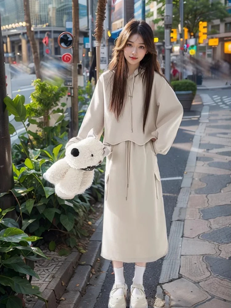 Gorro de viaje coreano Sle para mujer, conjunto largo sencillo de dos piezas, conjunto de sensación de diseño Faion, otoño e invierno