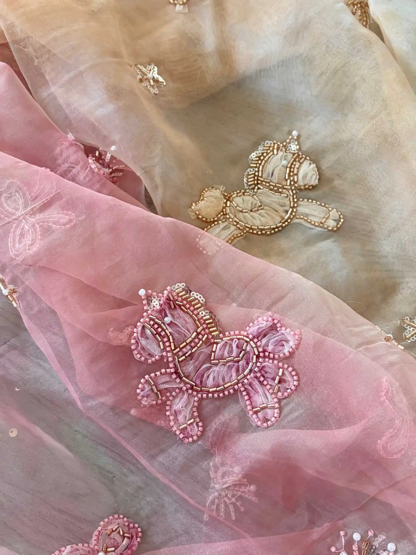 

New 3D pearl sequin little horse embroidery organza fabric for clothing dresses, handmade DIY fabric