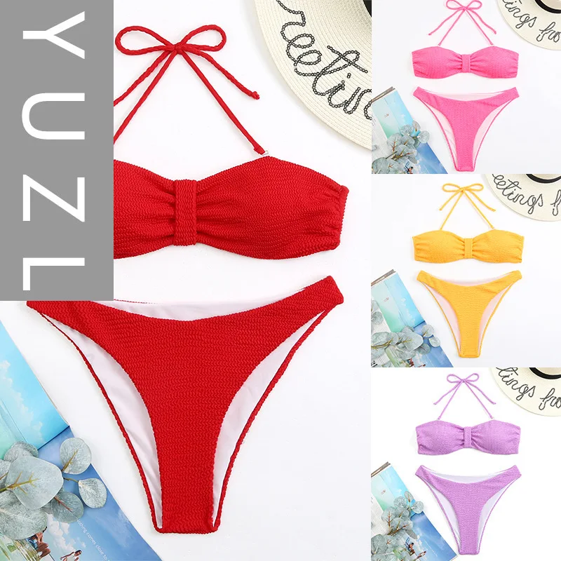 

YUZL Bikini fluorescent solid color special fabric split swimsuit women's wrinkled cloth tether bikini 2025 new