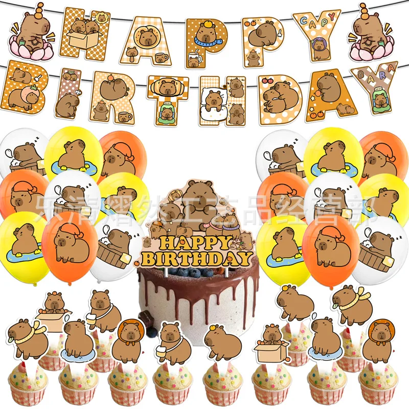 

Capybara Themed Birthday Party Decorations - Banner, Cake Toppers, Balloons, Spiral Ornaments & Backdrop, Cute Party Supplies