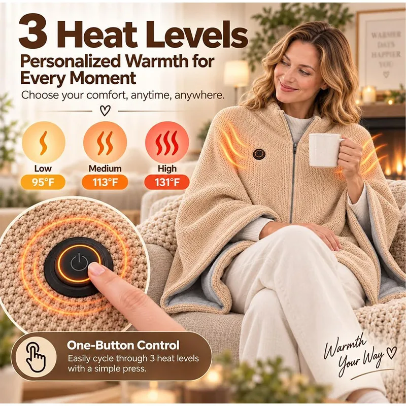 USB Electric Heated Blanket Shawl 3 Heat Level Wearable Portable Body Warmer Wrap Soft Washable Scarf Pad for Home Office Winter