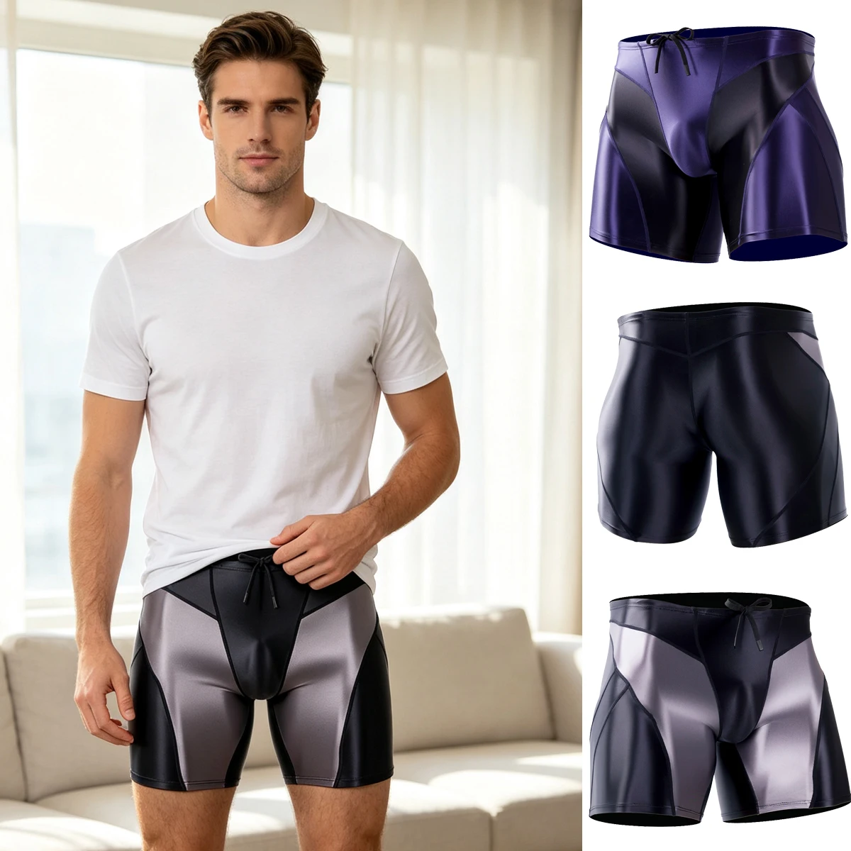 Men Shiny Glossy Patchwork Shorts Stretch Fitness Workout Running Yoga Boxer Brief Quickdry Swimming Trunks Sport Tight Leggings