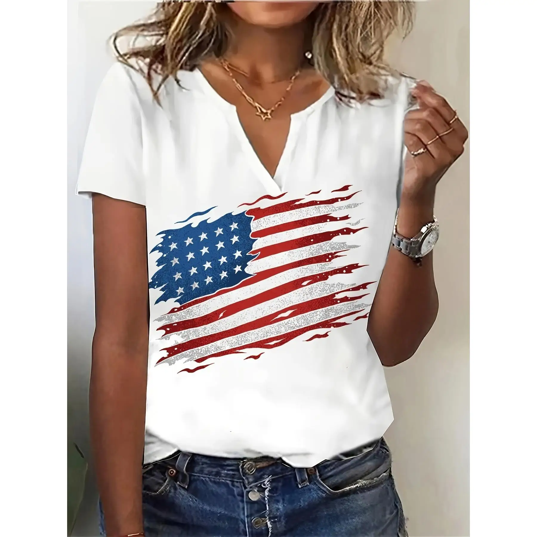 تي شيرت نسائي ort Sve مطبوع عليه مزيج قطن بوليستر مريح مناسب للصيف Faion Basic Crew Ne Top