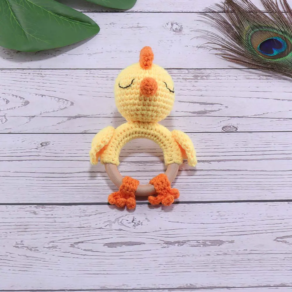 

1pc Wooden Handbell Rattle Toys Baby Infant Knitted Yellow Chick Shape Safe Sensory Experience Grasp Coordination