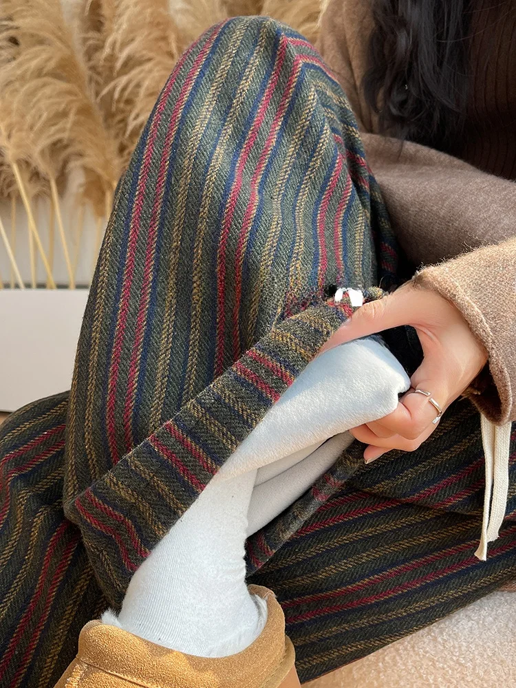 하이웨이스트 플리스 안감 와이드 레그 팬츠 여성 캐주얼 편안한 폴리에스터 혼방 니트 바지 스트레이트 컷 빈티지 스트라이프