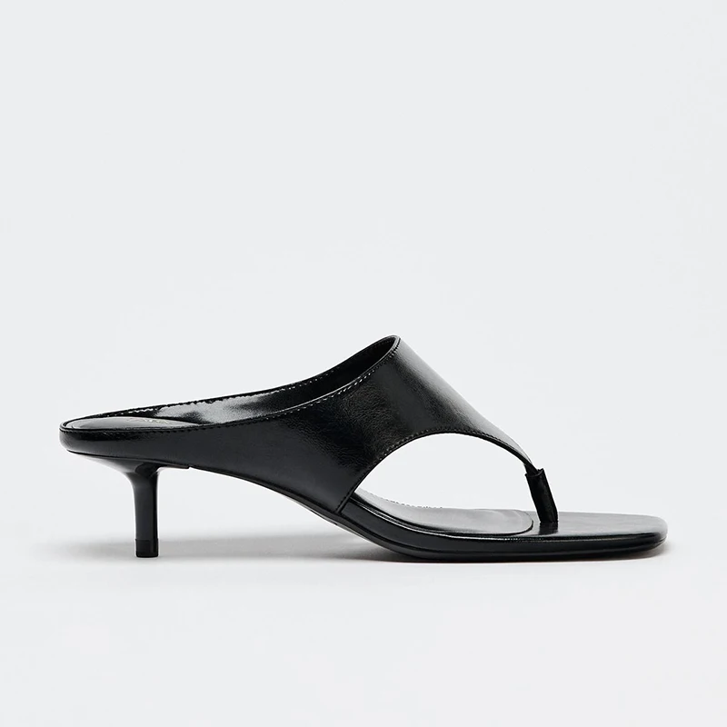 

Spring Summer New mid Heel Sandals Slimming High Heel Outdoor Wearable Toe Post Slippers Simple Style Cowhide Leather