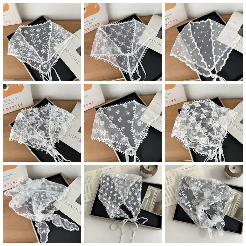 White Woven Floral Lace Hair Scarf Wraps Women Retro Breathable Triangle Headscarf Sweet Print Hair Bandana